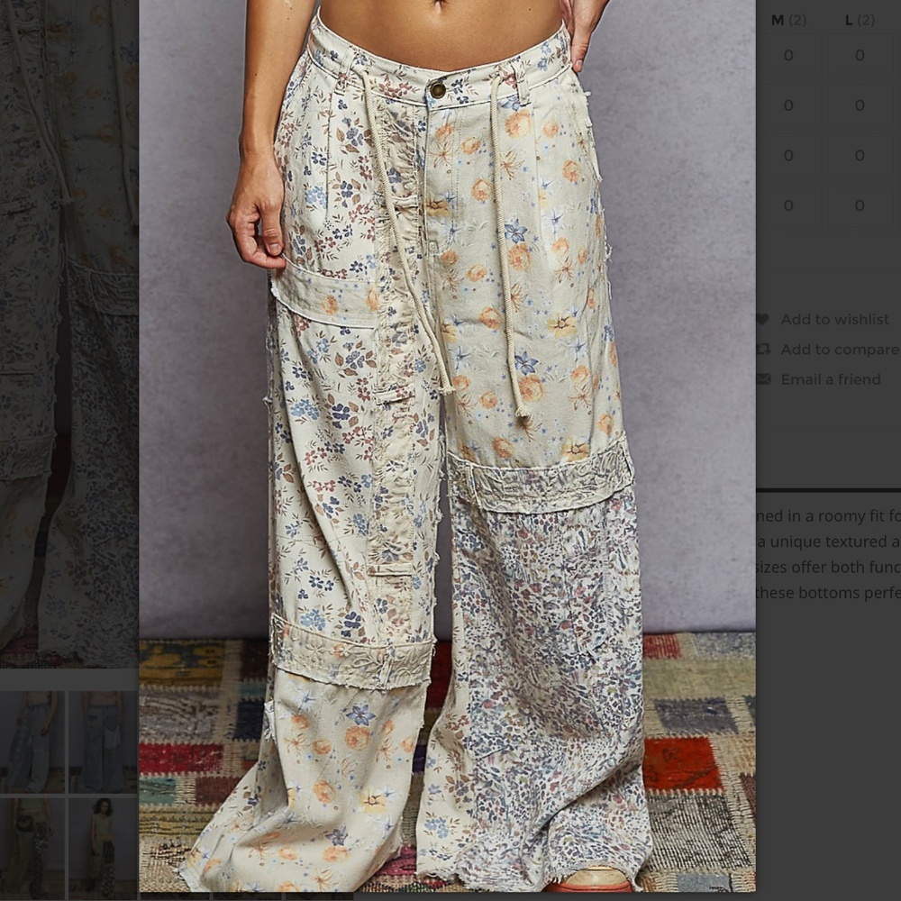 POL Floral Patchwork Wide Straight-Leg Pants in Cream and Blue